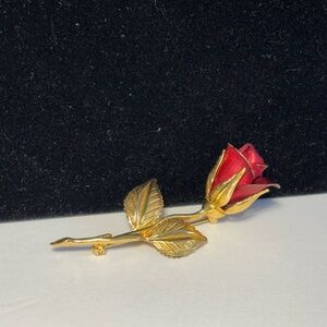 Rose Brooch Red Gold Tone Stem Petals Floral Signed Covani Single Stem Rose 3”